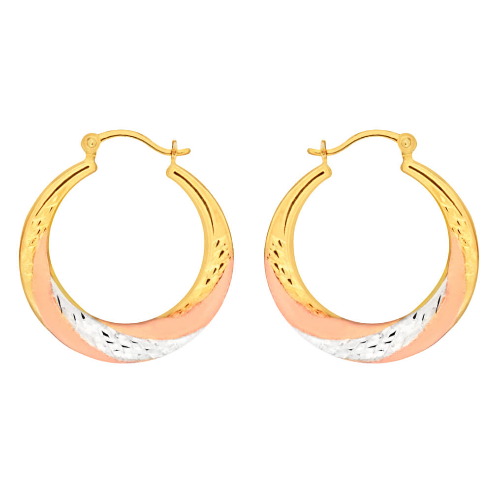 9ct Yellow Gold, White Gold & Rose Gold Swirl Creole Hoop Earrings