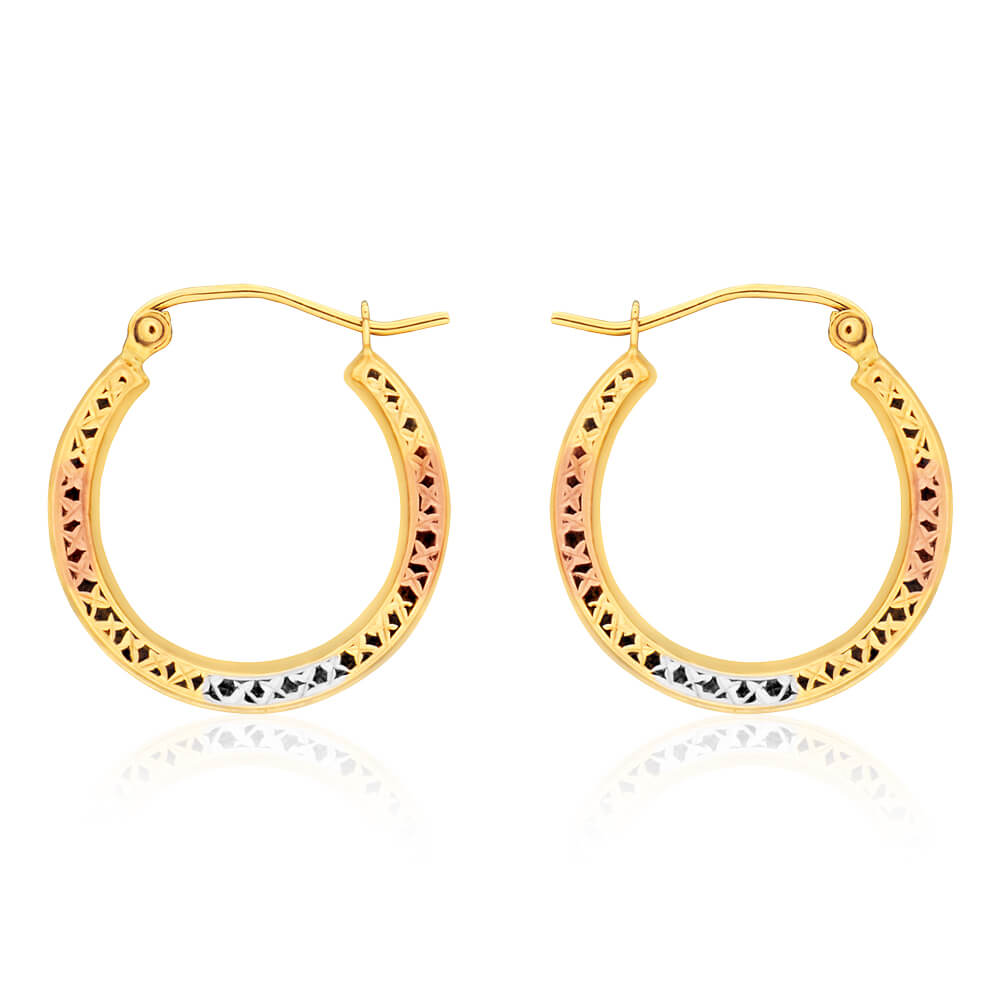 9ct Yellow Gold, White Gold & Rose Gold Cut Out Hoop Earrings