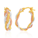 9ct three tone gold fancy braided 3mm x 15mm hoops earrings