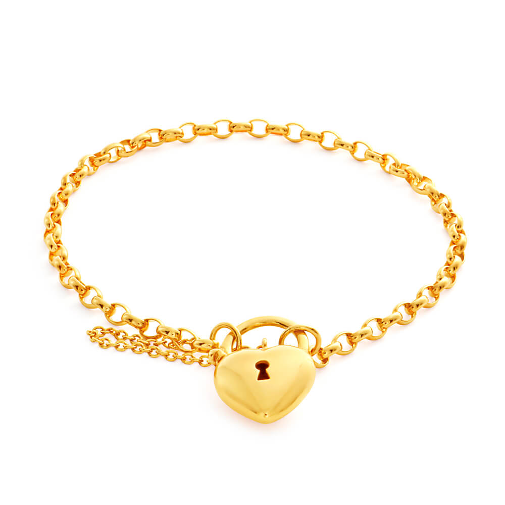 9ct Yellow Gold Oval Belcher Plain Heart Charm Padlock 19cm Bracelet