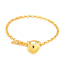 Load image into Gallery viewer, 9ct Yellow Gold Oval Belcher Plain Heart Charm Padlock 19cm Bracelet