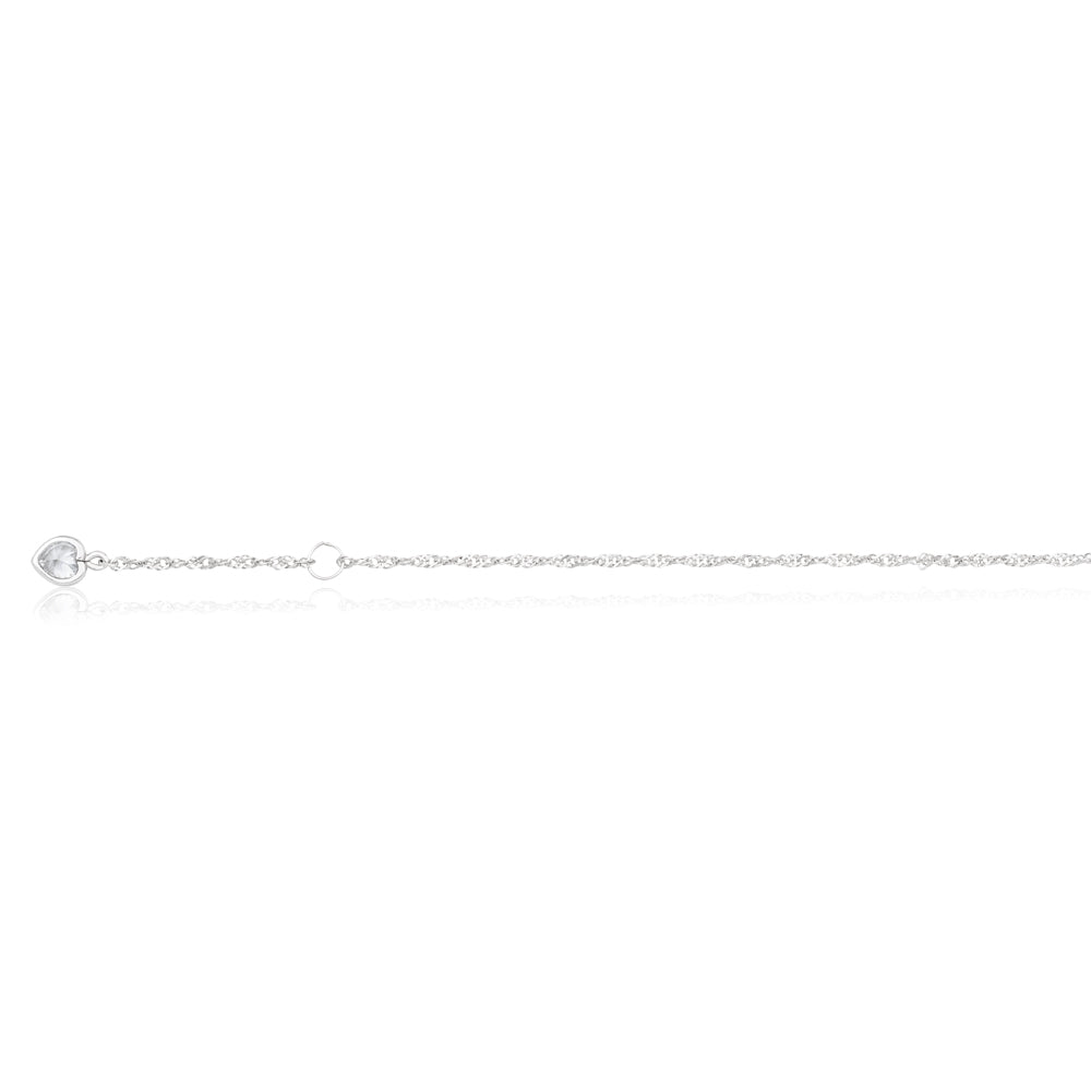 9ct White Gold Singapore with White Cubic Zirconia Heart Charm 27cm Anklet