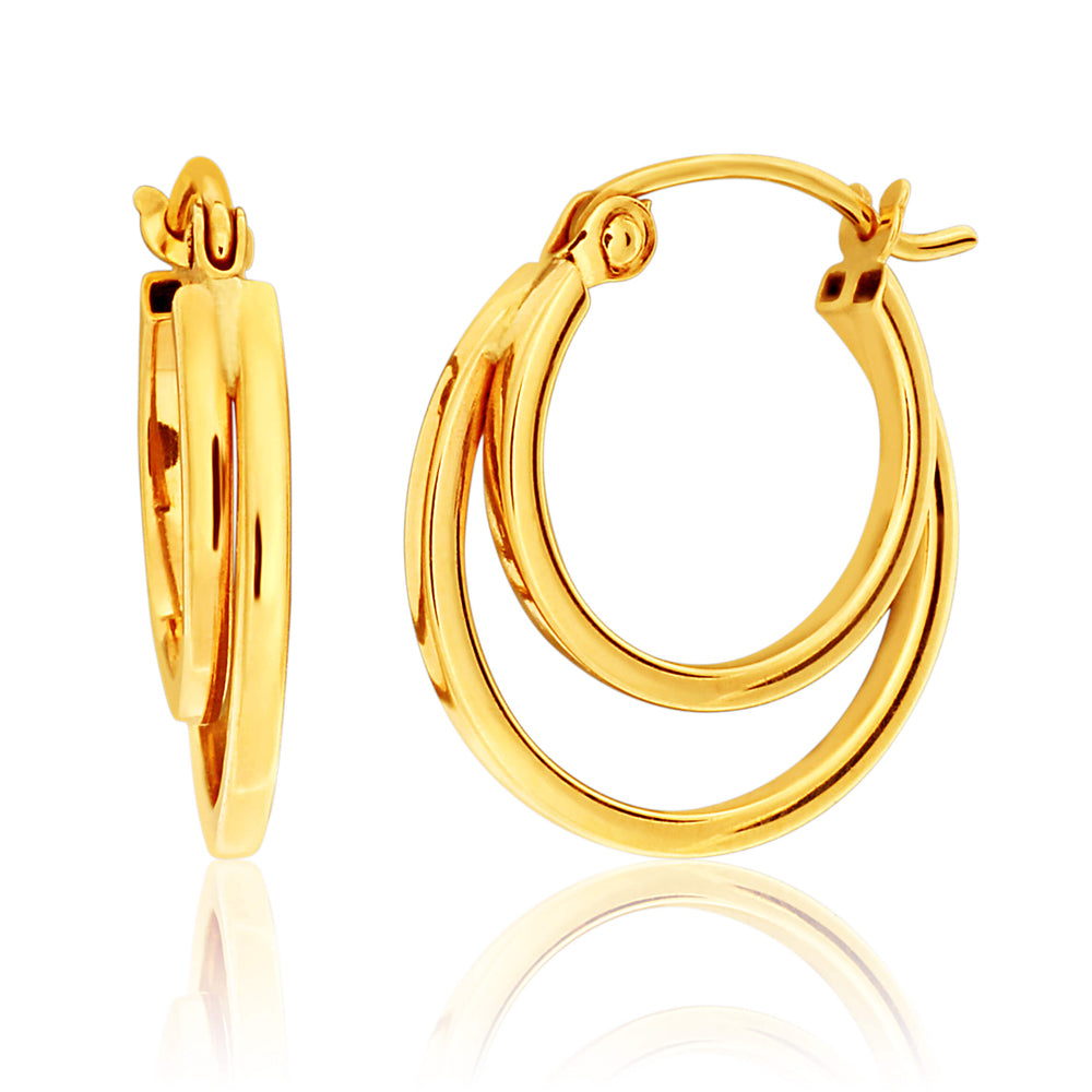 9ct Yellow Gold Square Tube Double Hoop 15mm Earrings