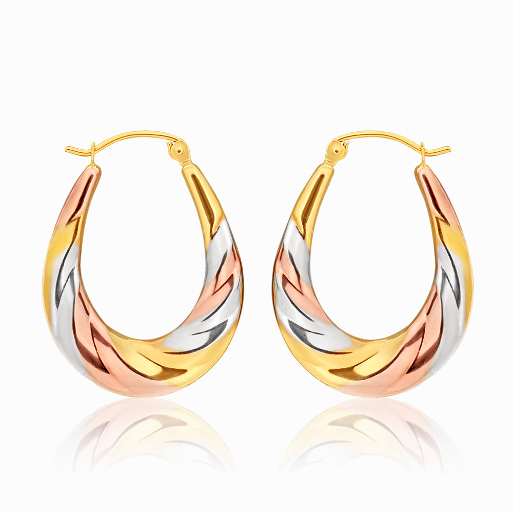 9ct three tone gold 13mm creoles with a twist
