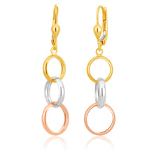 Load image into Gallery viewer, 9ct Three Tone Gold Dangling Trio of Hoops Earrings