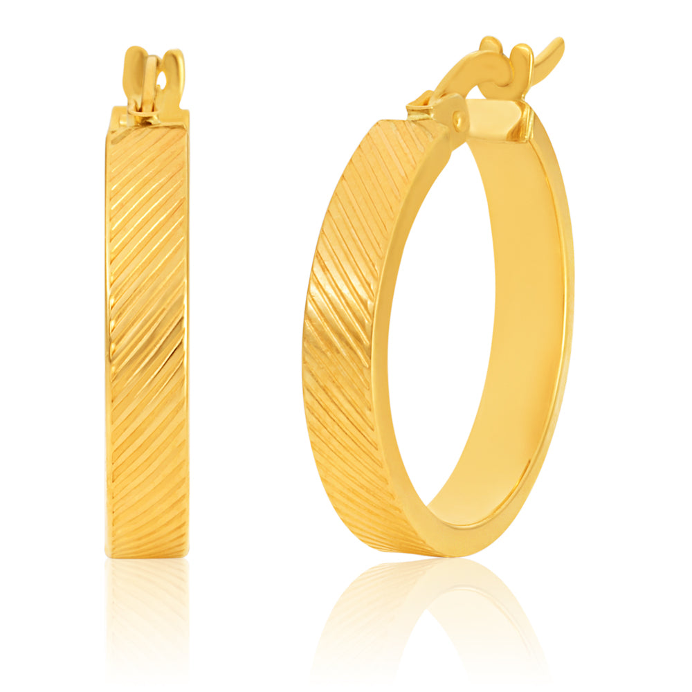 9ct Yellow Gold dicut feature 15mm Hoops Earrings