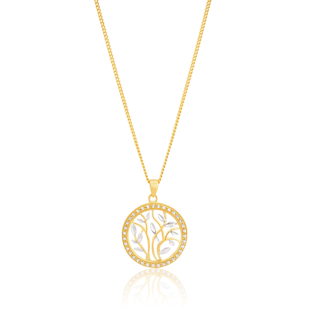 9ct Yellow Gold Two-Tone Leaf Pendant with Milgran and Diamond Cutting feature