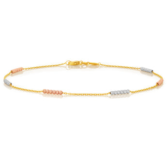 9ct Yellow Gold Fancy Anklet with Dicut Beads 3 Tones 27cm
