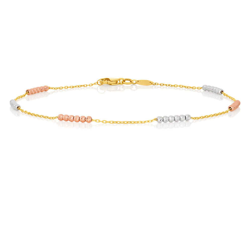 9ct Yellow Gold Anklet 23cm with 3 Tone Beads