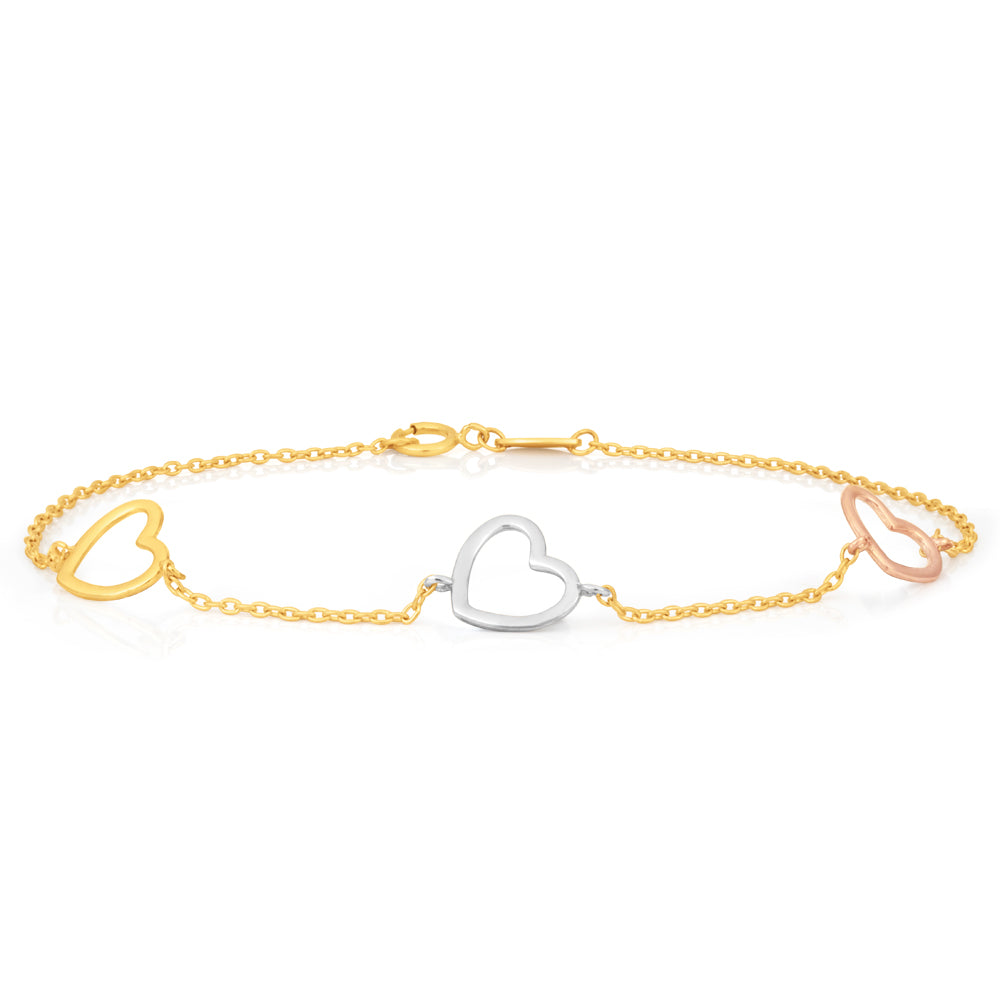 9ct Yellow Gold Bracelet 19cm with 3 Heart Charms