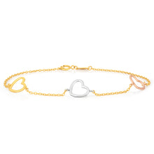 Load image into Gallery viewer, 9ct Yellow Gold Bracelet 19cm with 3 Heart Charms