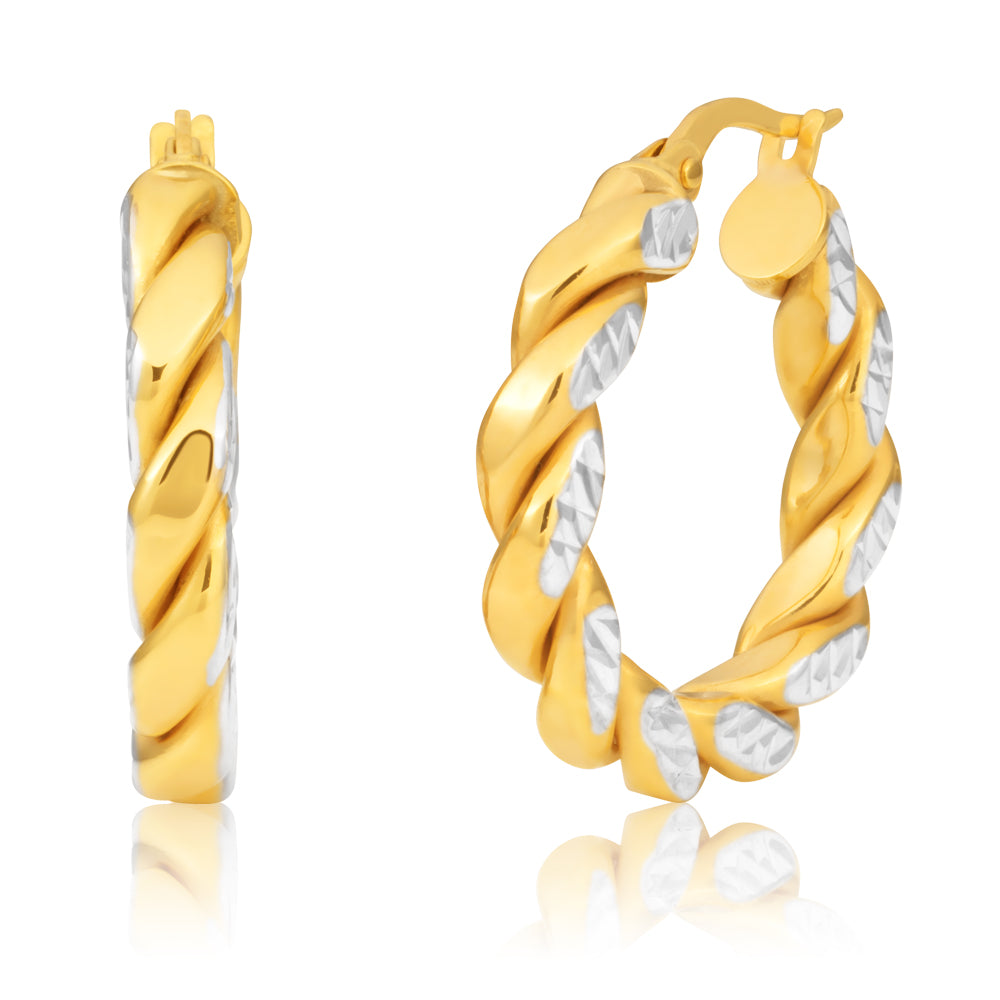9ct Two-Tone 15mm Fancy Twist Diamond Cut Pattern Hoop Earrings