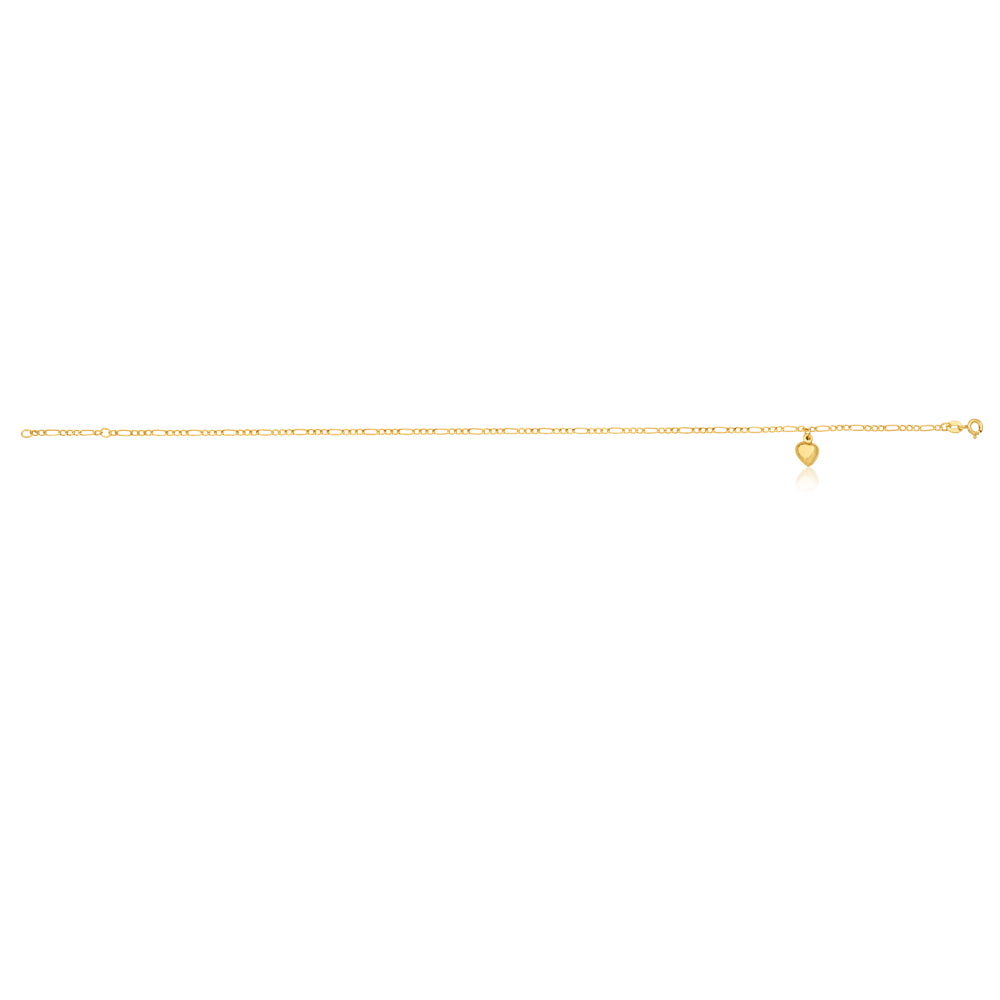 9ct Yellow Gold Heart Charm 3:1 Figaro 29cm Anklet