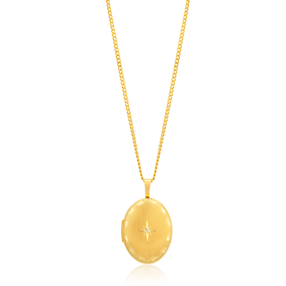 9ct Yellow Gold Etched Oval Locket with .01ct Diamond