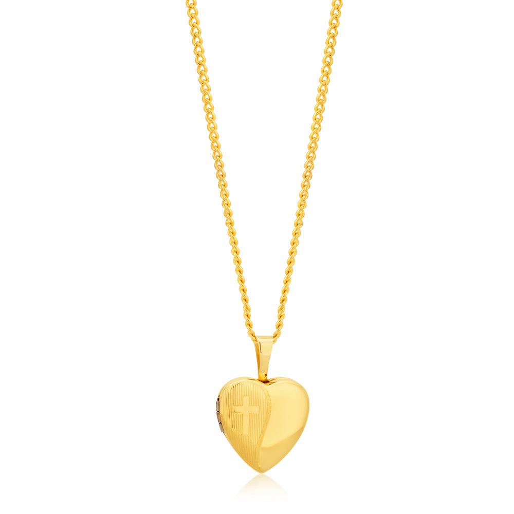9ct Yellow Gold Etched Cross Heart Locket