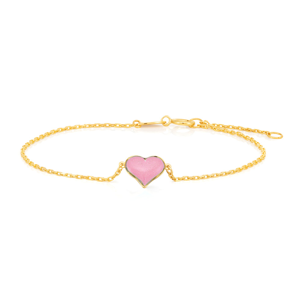 9ct Yellow Gold Pink Cubic Zirconia Heart Charm attached on 17cm Trace Link Bracelet