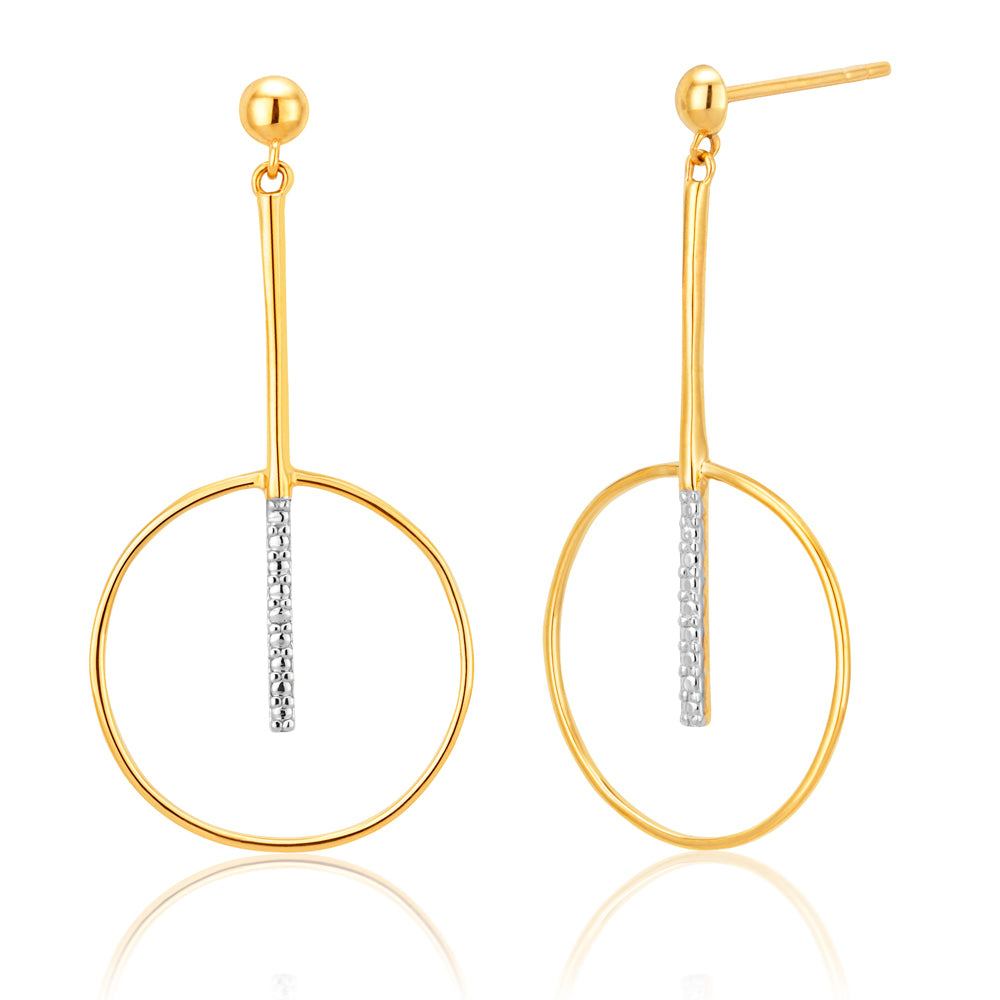 9ct Yellow Gold Diamond Cut Bar and Circle Earrings