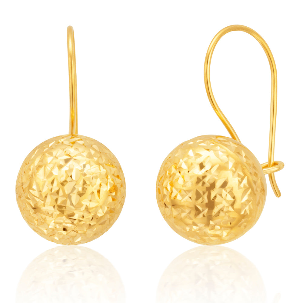 9ct Yellow Gold Diamond Cut 10mm Ball Earwire Earrings