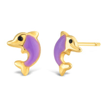 Load image into Gallery viewer, 9ct Yellow Gold Purple Dolphin Stud Earrings