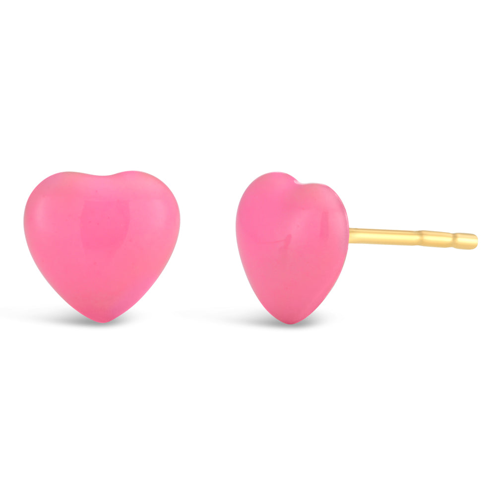 9ct Yellow Gold Pink Heart Enamel Stud Earrings