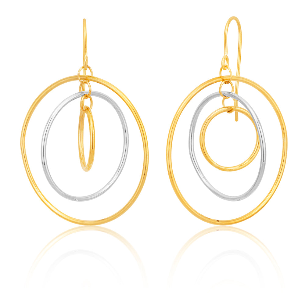 9ct Two-Tone Gold 3x Circle Hook Drop Earrings