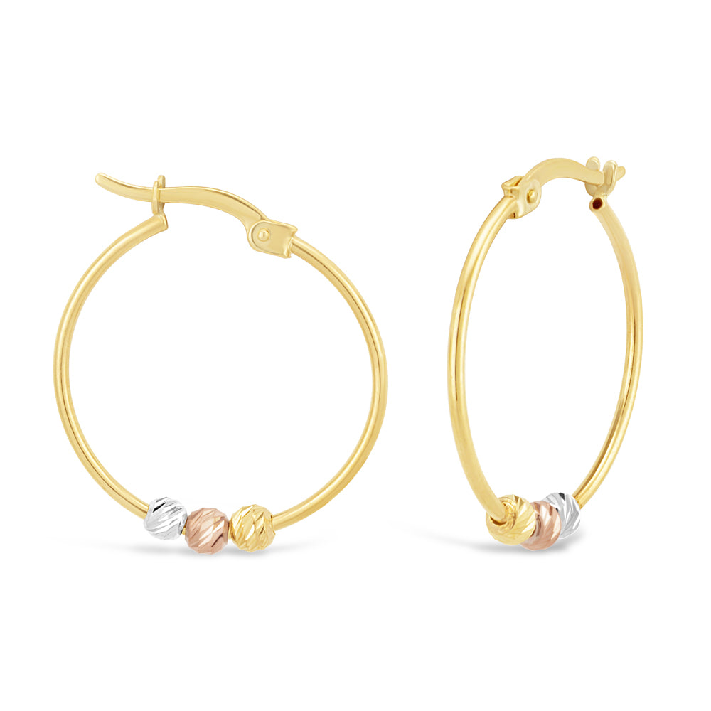 9ct Three-Tone Gold Diamond Cut Beaded Hoop Earrings