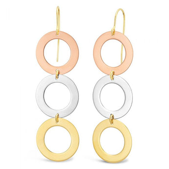 9ct Three-Tone Fancy 3x Circle Drop Hook Earrings