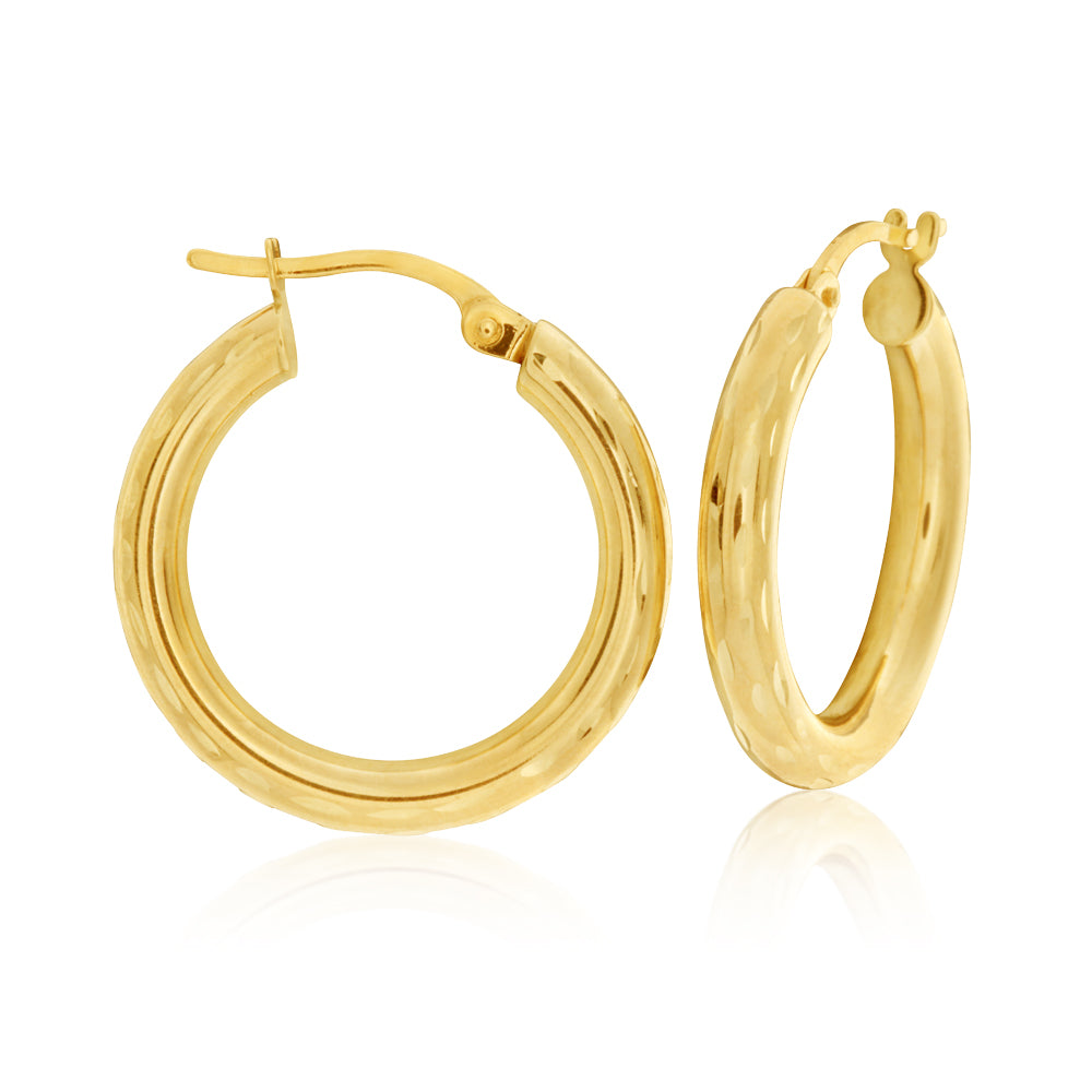 9ct Yellow Gold Diamond Cut 15MM Hoop Earrings