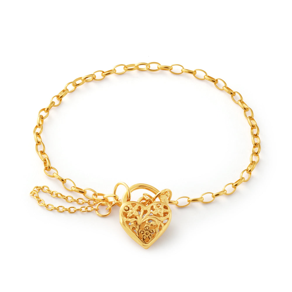 9ct Yellow Gold 19cm Heart Filigree Padlock Bracelet