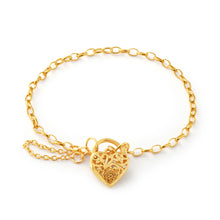 Load image into Gallery viewer, 9ct Yellow Gold 19cm Heart Filigree Padlock Bracelet