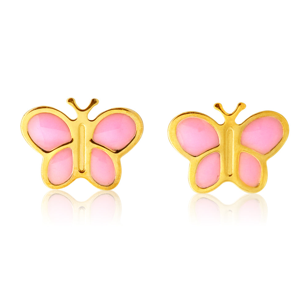 9ct Yellow Gold Stud Earrings with Pink Enamel Butterfly