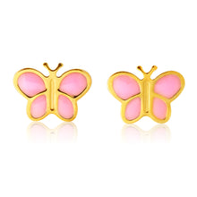 Load image into Gallery viewer, 9ct Yellow Gold Stud Earrings with Pink Enamel Butterfly