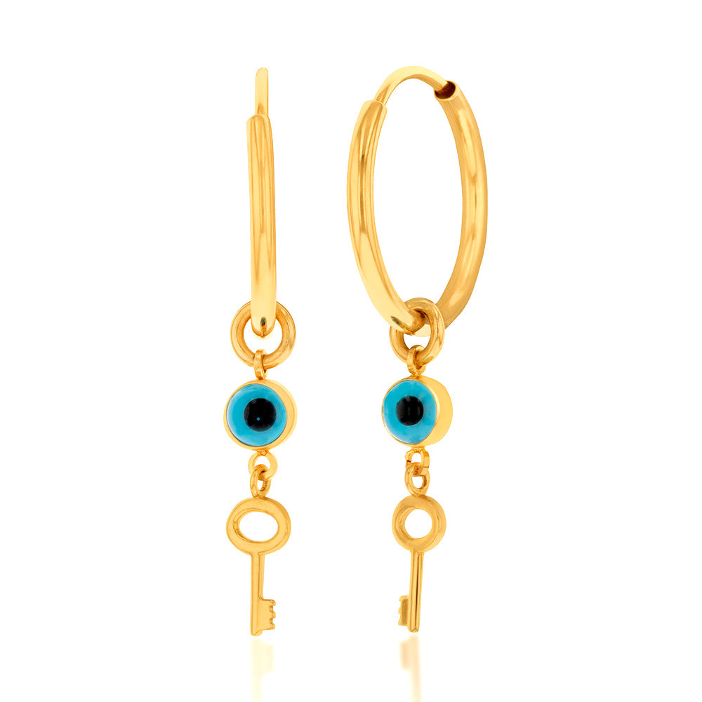 9ct Yellow Gold Evil Eye & Key On Hoop Earrings
