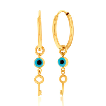 9ct Yellow Gold Evil Eye & Key On Hoop Earrings