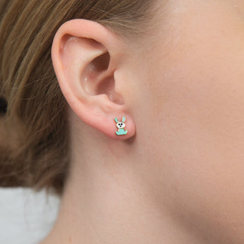 9ct Yellow Gold Blue Rabbit Stud Earrings
