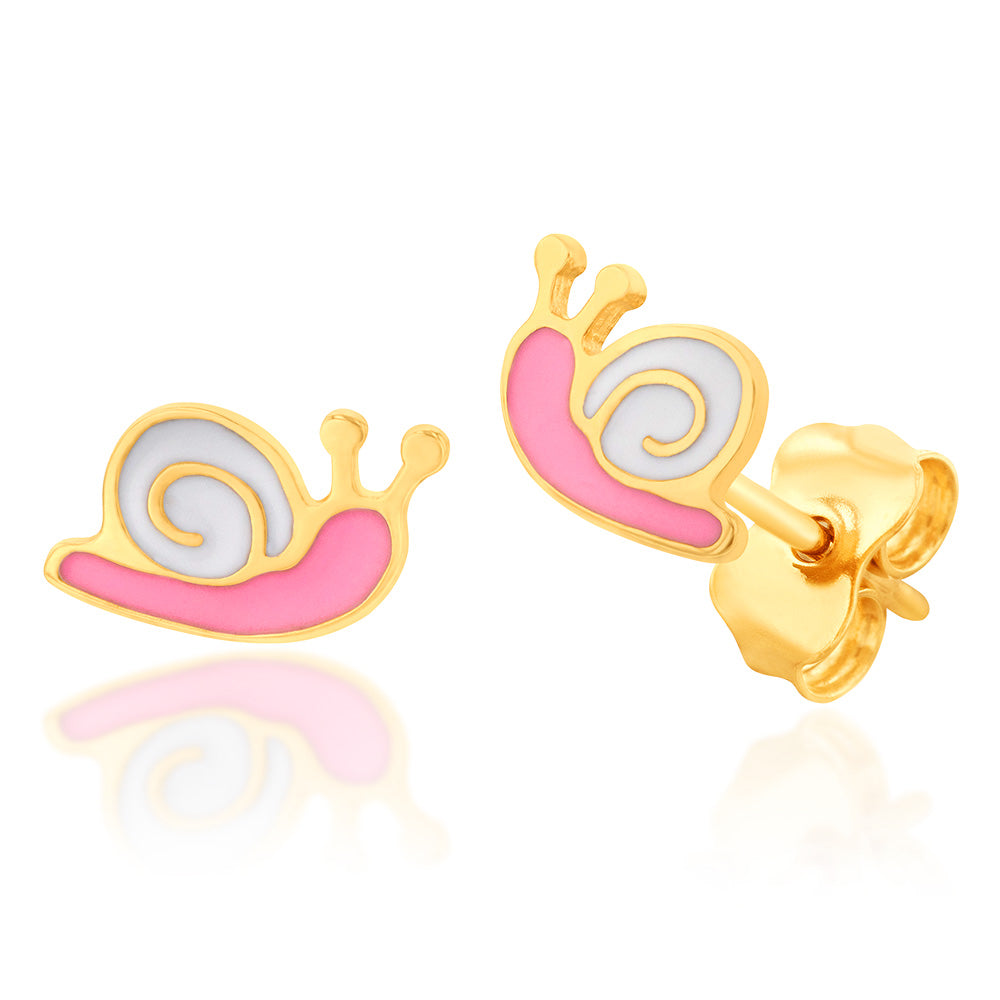 9ct Yellow Gold Pink Snail Stud Earrings