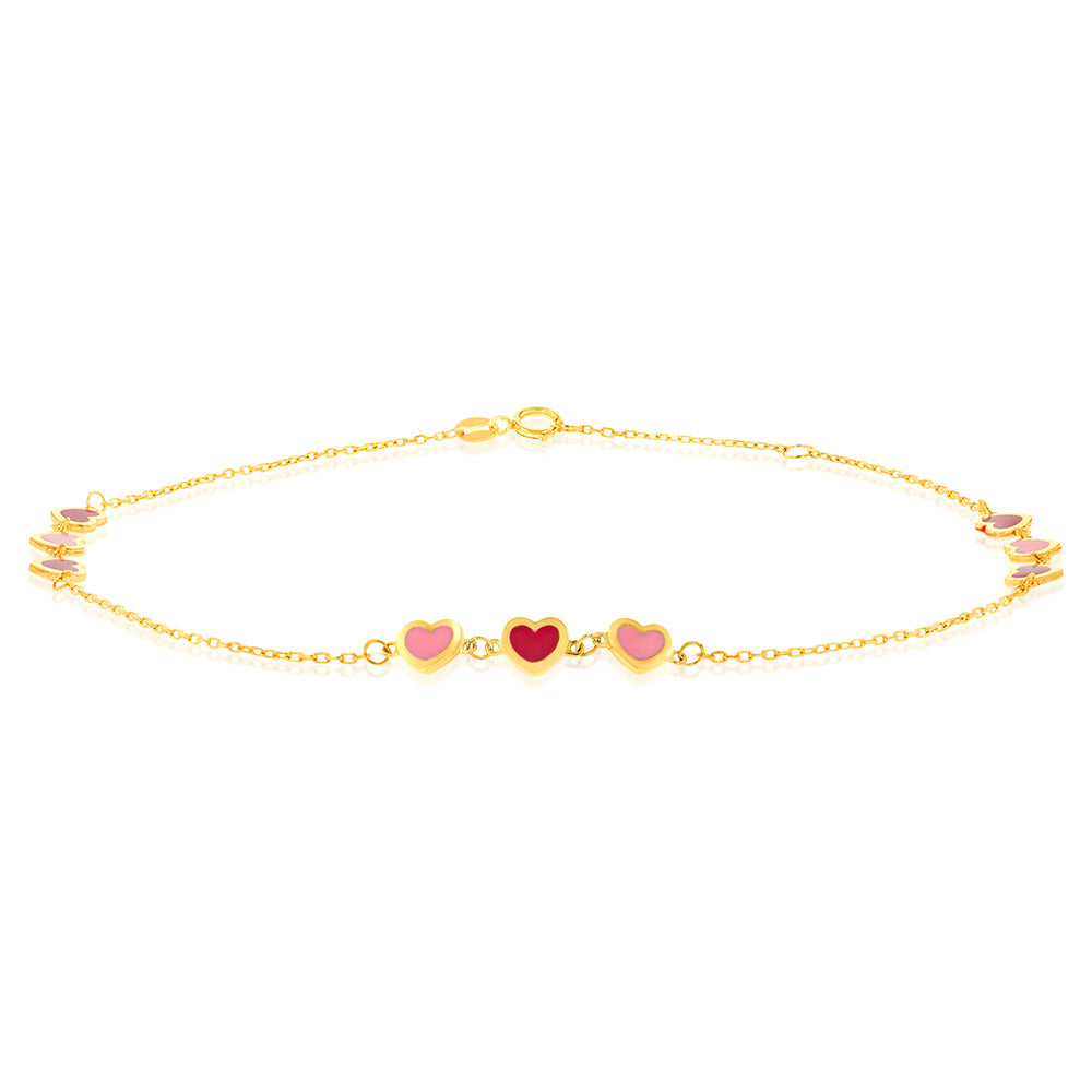 9ct Yellow Gold Red And Pink Heart 25cm Anklet