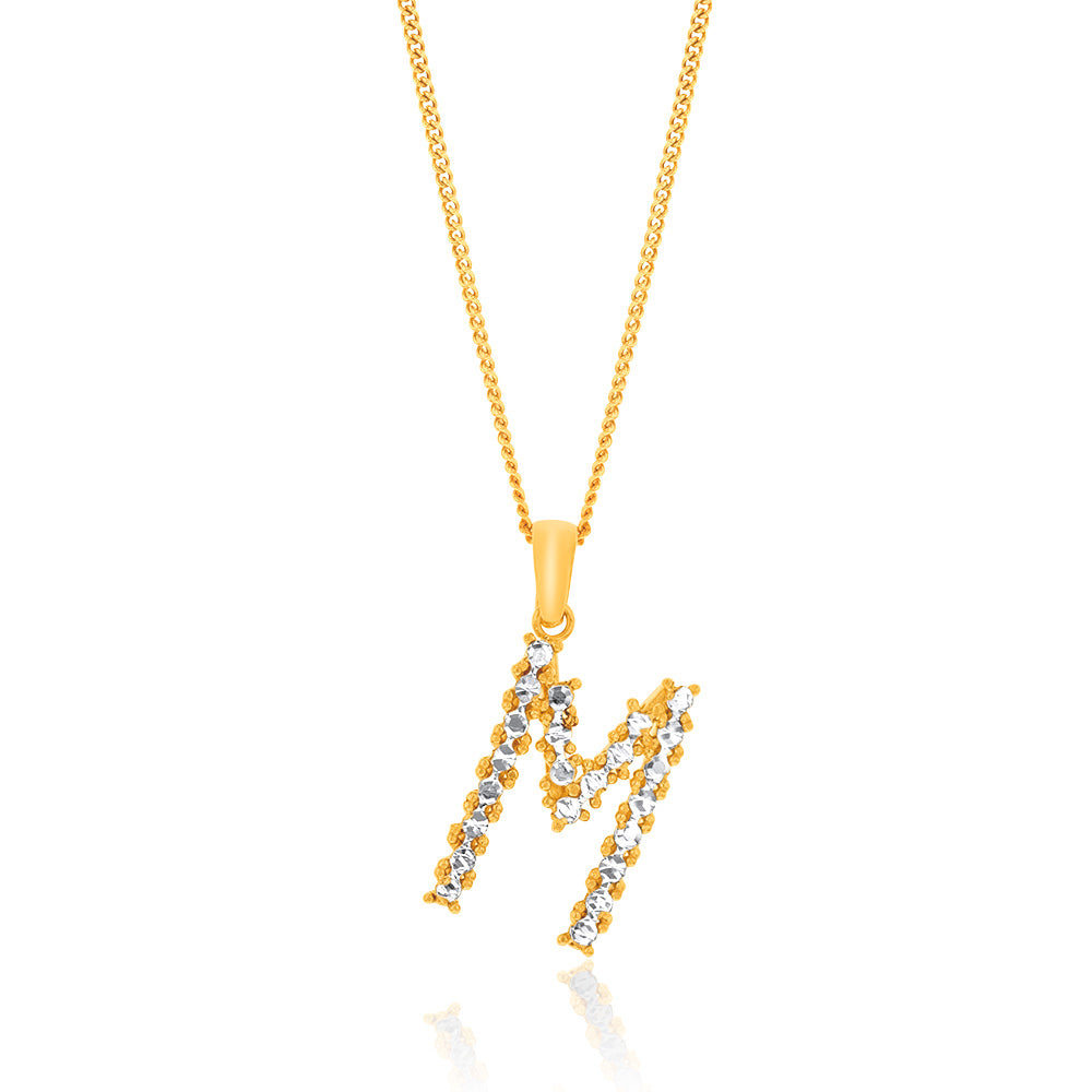9ct Yellow And White Gold Two Tone Diamond Cut Initial "M" Pendant