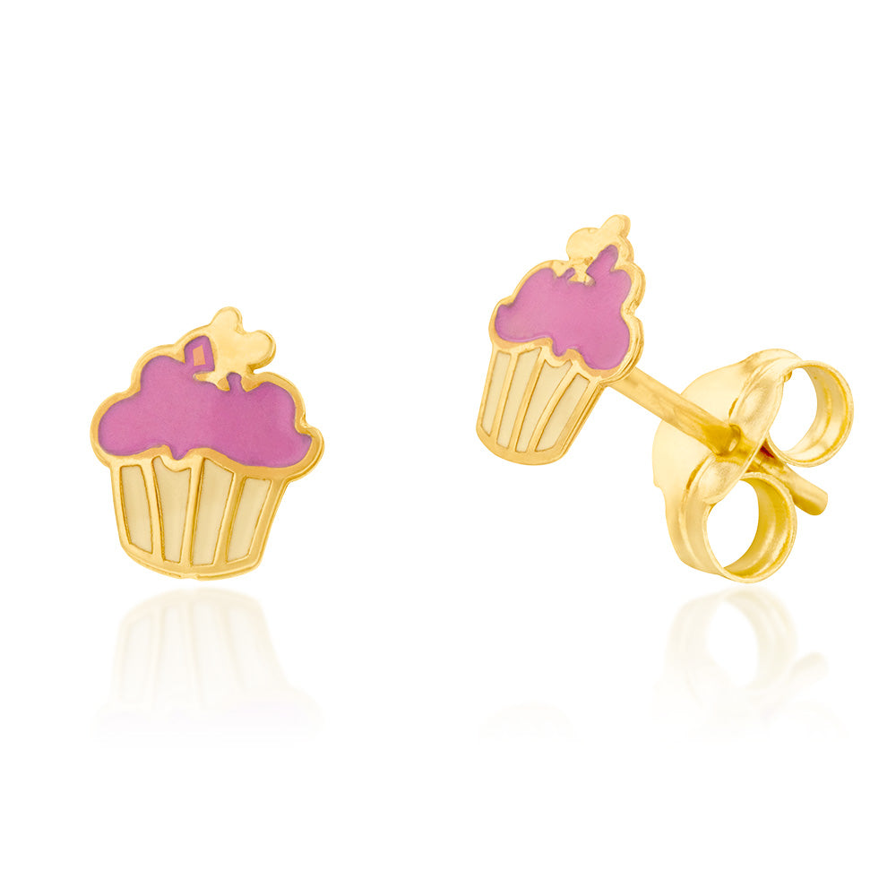 9ct Yellow Gold Pink Muffin Stud Earrings