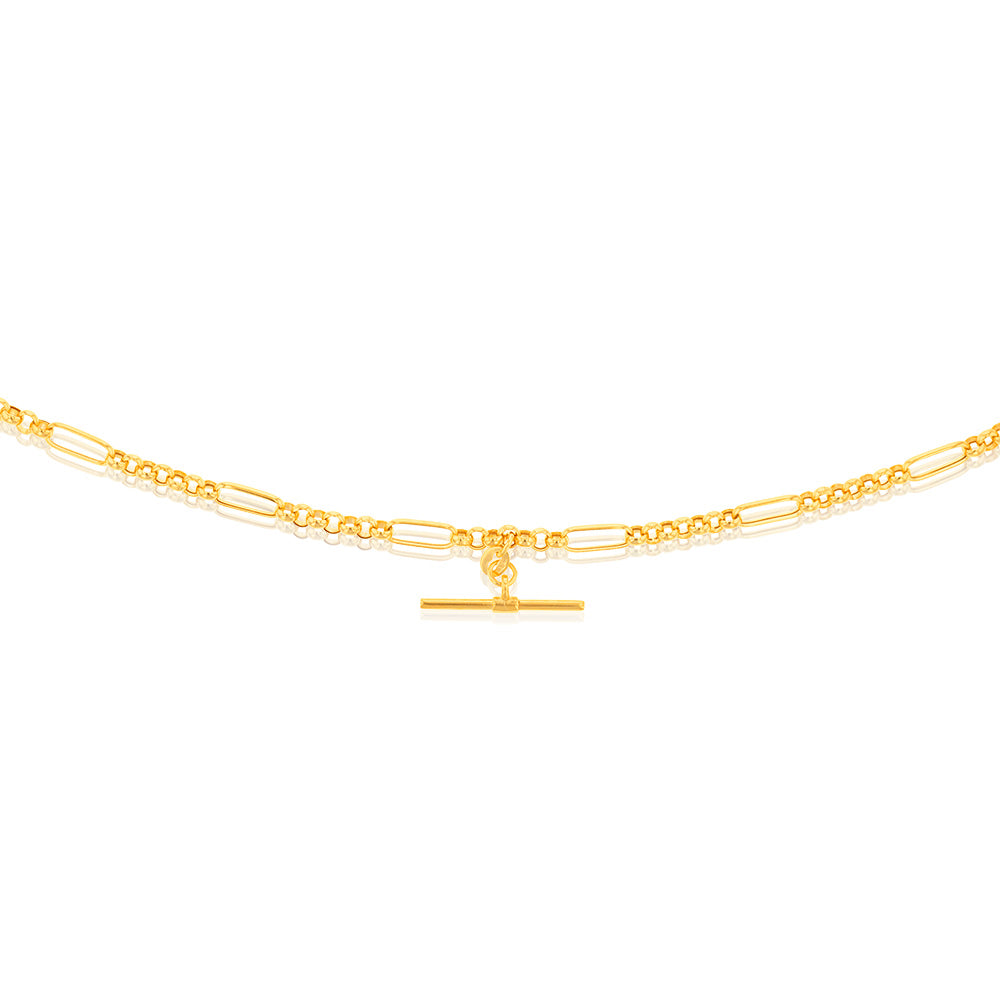 9ct Yellow Gold "T" Bar Pendant on 45cm Fancy Chain