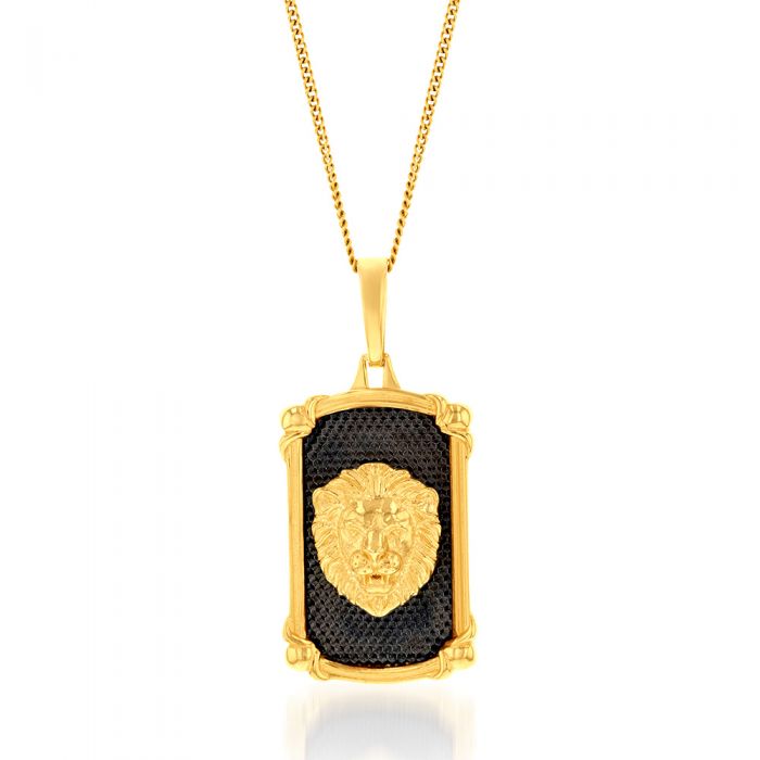 9ct Yellow Gold Lion Head On Black Rectangle Medallion Pendant