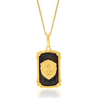9ct Yellow Gold Lion Head On Black Rectangle Medallion Pendant