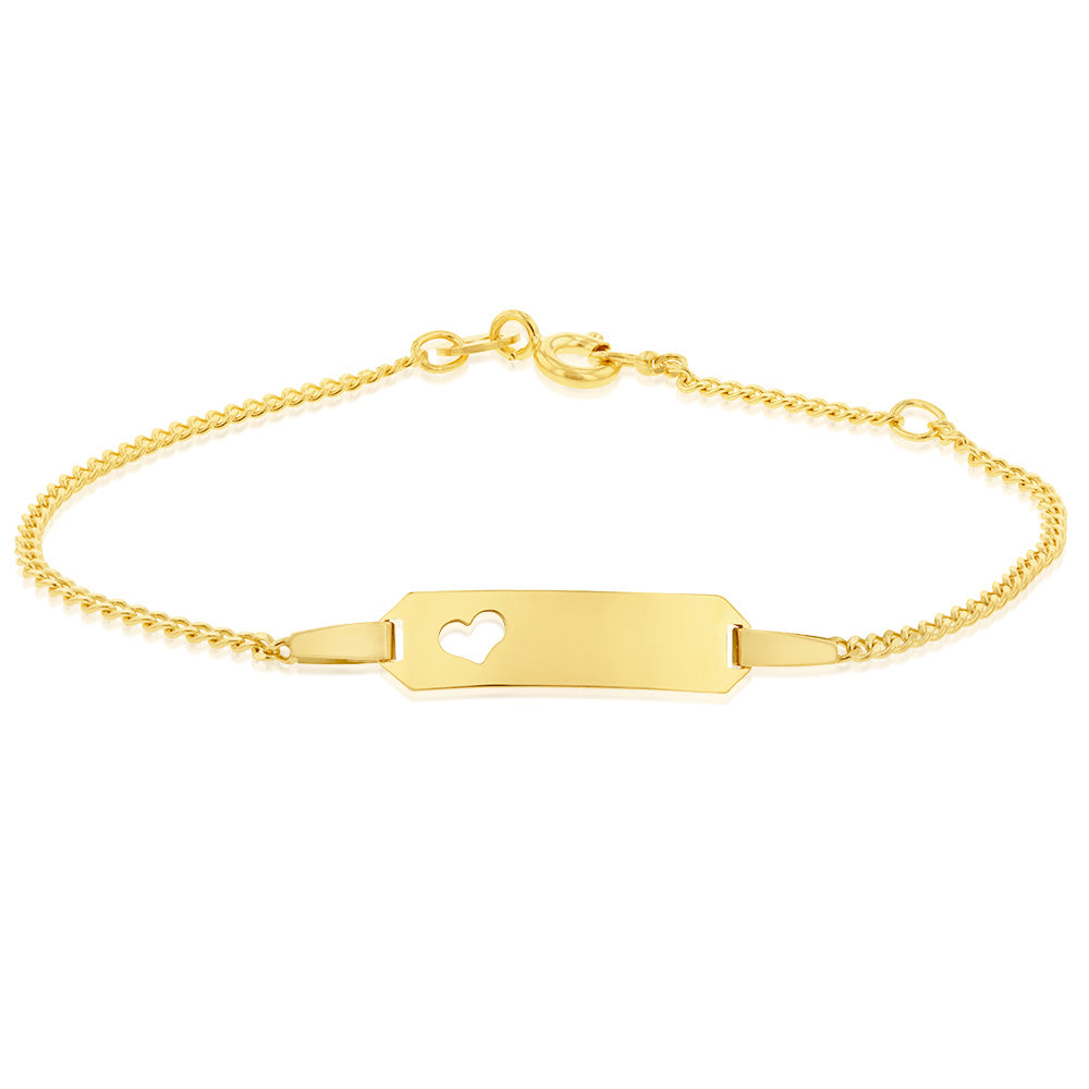 9ct Yellow Gold Diamond Cut Curb Heart ID 15cm Baby Bracelet