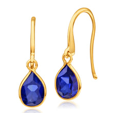 Load image into Gallery viewer, 9ct Alluring Yellow Gold Created Sapphire Drop Earrings