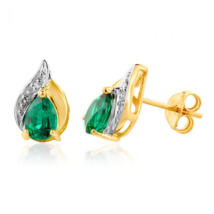9ct Alluring Yellow Gold Created Emerald + Diamond Stud Earrings