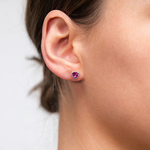 9ct Radiant Yellow Gold Created Ruby + Diamond Stud Earrings