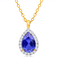 Load image into Gallery viewer, 9ct Yellow Gold Created Sapphire + Cubic Zirconia Pendant