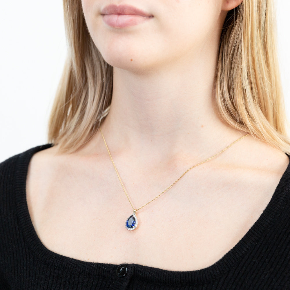 9ct Yellow Gold Created Sapphire + Cubic Zirconia Pendant