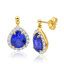 Load image into Gallery viewer, 9ct Yellow Gold Created Sapphire + Cubic Zirconia Drop Earrings