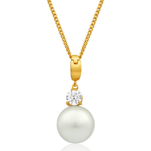 9ct Alluring Yellow Gold Cubic Zirconia and 12mm Simulated Pearl Pendant